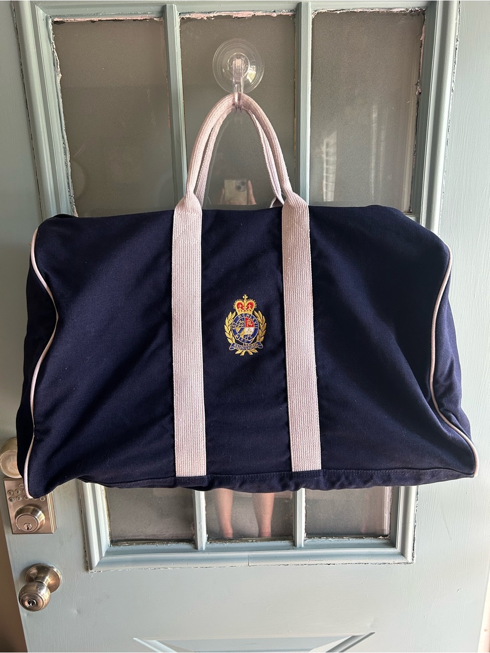 Vintage Polo Ralph Lauren Crest Logo Navy Blue Canvas Large Duffle Travel Bag
